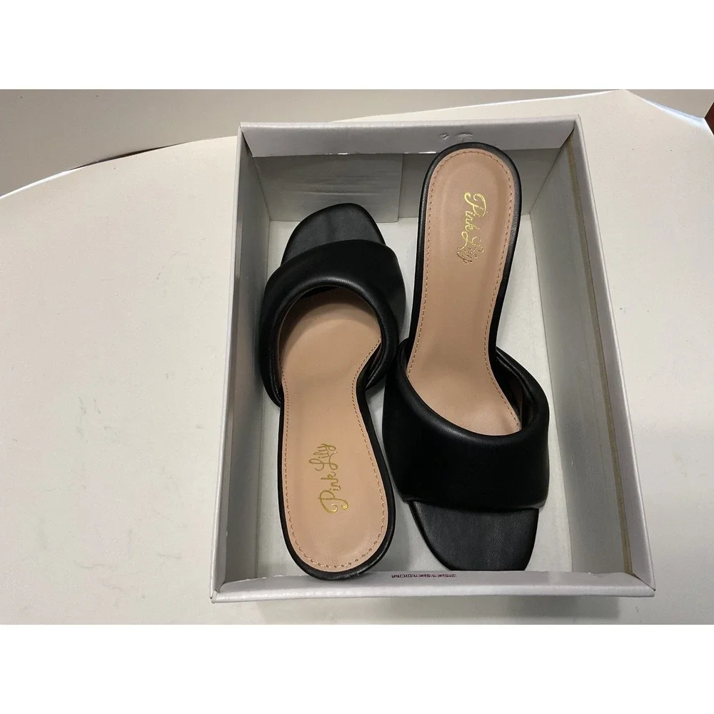 Pink Lily Isley-33 Puffy Heel Black Faux Leather Square Toe Mule Sandals 3